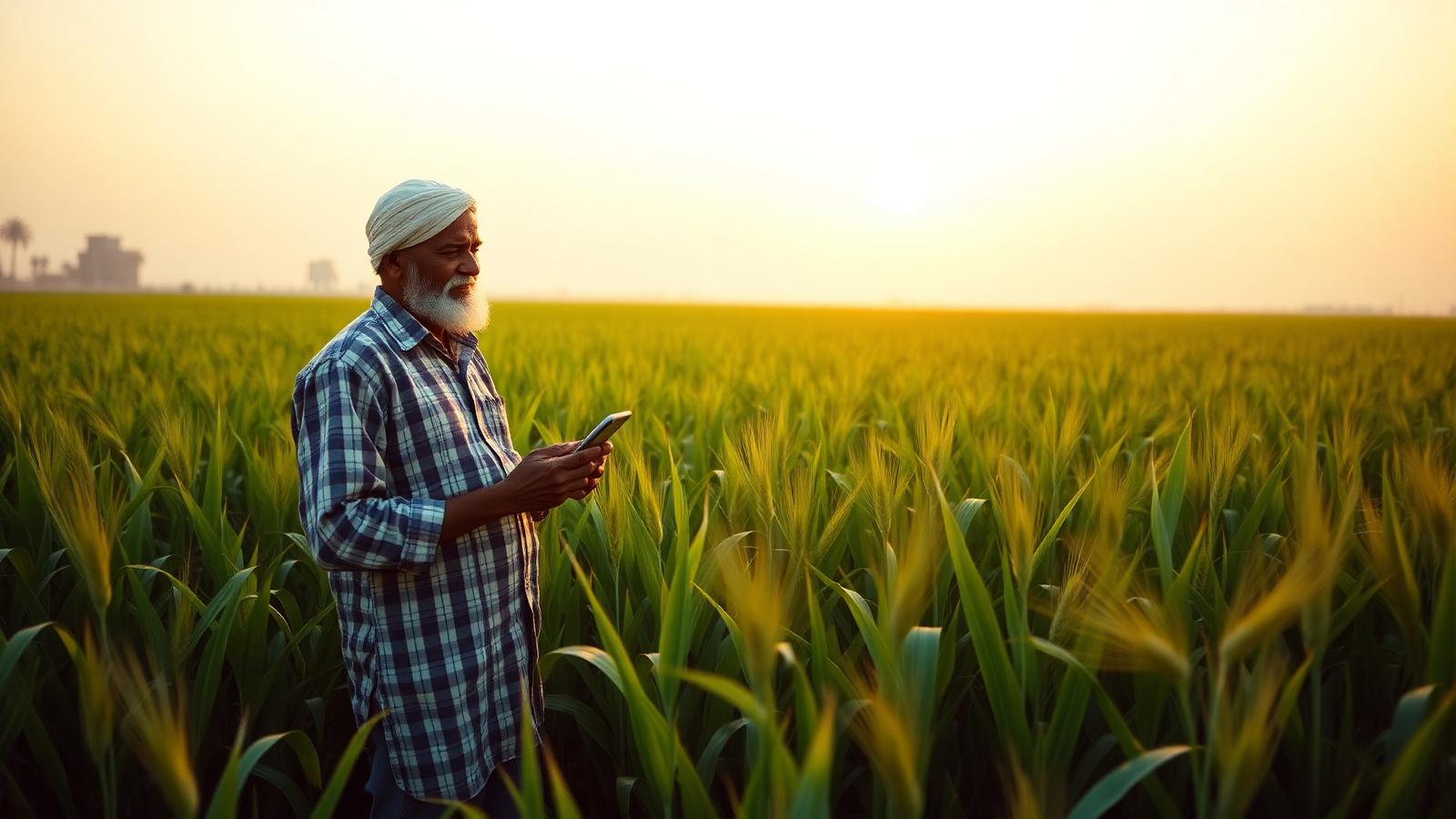 खेत में स्मार्टफोन पर PM Kisan पोर्टल देखता हुआ भारतीय किसान